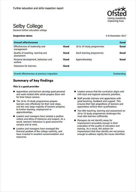 Ofsted Report: Selby College 2017 publication cover