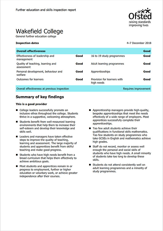 Ofsted Report: Wakefield College 2018 publication cover