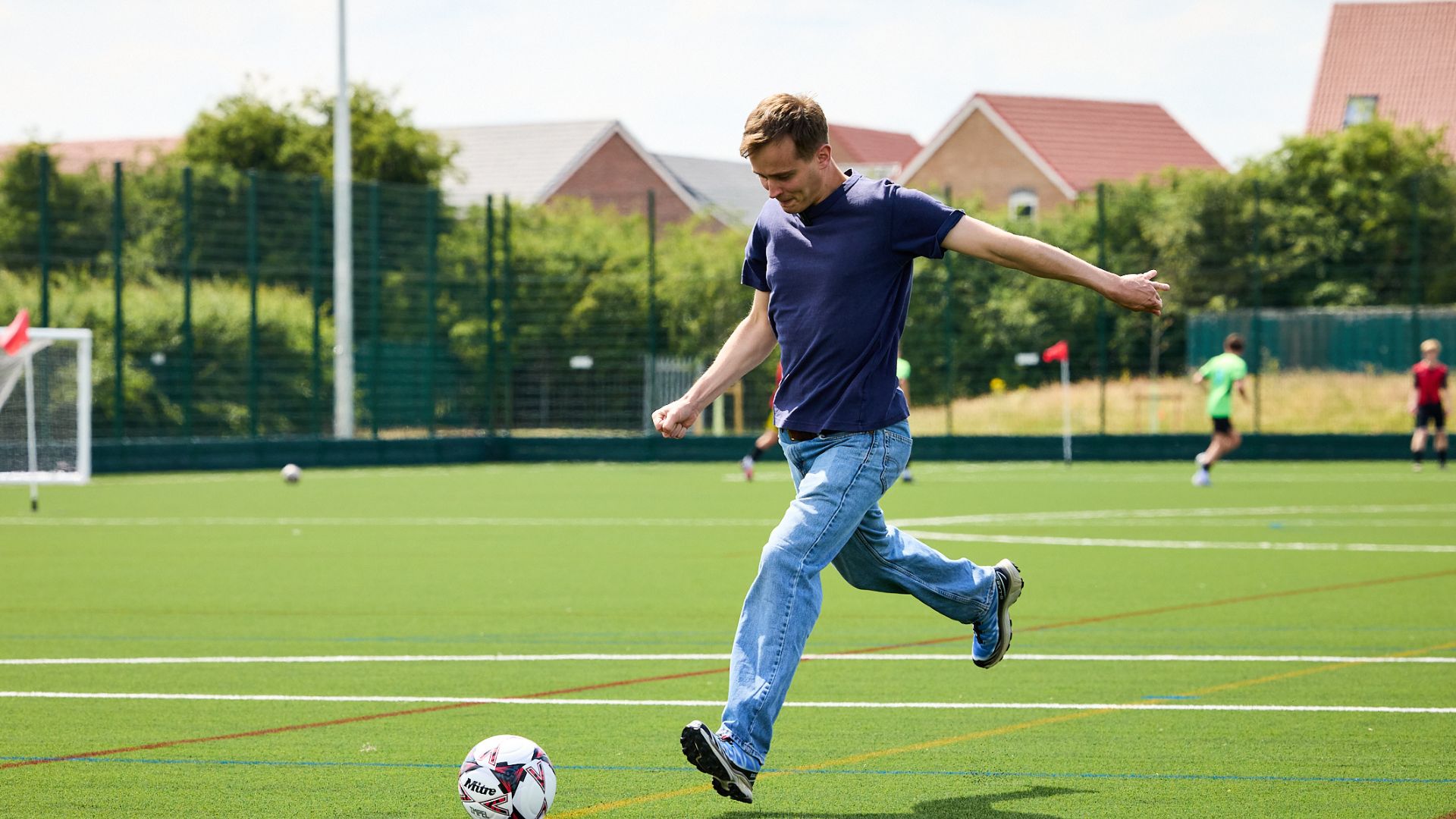 Keir Mather, MP for Selby, taking a penalty shootout at the opening event.