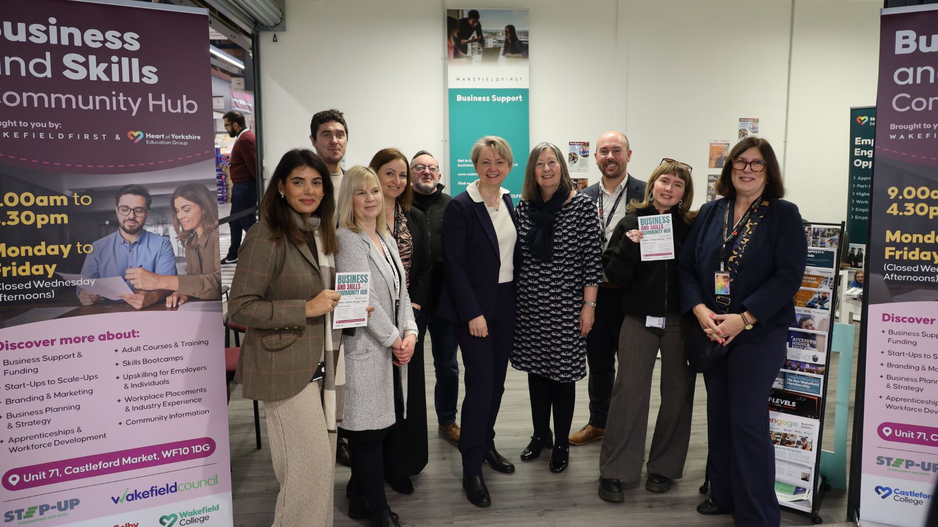 Yvette Cooper MP speaking at the official launch of the Business and Skills Community Hub, Castleford Market.