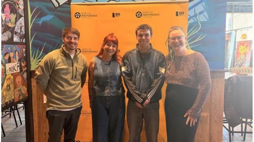 Wakefield College student, Daniel (middle right) with his brother (left), Tutor, Gemma Haigh (middle left) and Lucy Dalton-Lodge (right) as Spirit of Independence Film Festival, Sheffield. 